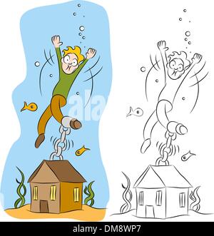 L'homme enchaîné à sa maison sous l'eau Illustration de Vecteur