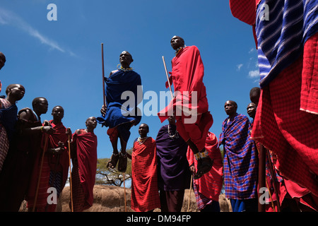 Un groupe d'hommes Massaï participant à la traditionnelle danse Adumu communément appelé Jumping danse exécutée dans une cérémonie de passage à l'âge adulte pour les jeunes guerriers dans la tribu Masaï dans la zone de conservation de Ngorongoro cratère dans la région des hautes terres de Tanzanie Afrique de l'Est Banque D'Images