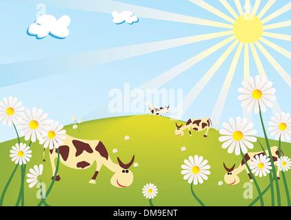 Les vaches sur la prairie ensoleillée Illustration de Vecteur