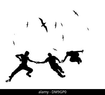 Happy friends voler dans le ciel, silhouettes noires Illustration de Vecteur