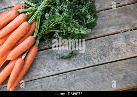 Un tas de carottes fraîchement cueillies portant sur des planches. Banque D'Images