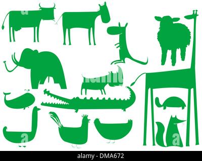 Silhouettes vert animal isolé sur fond blanc Illustration de Vecteur