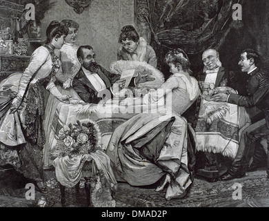 La société. Famille bourgeoise réunis autour de table pour lire une lettre. Gravure, 1890. Banque D'Images