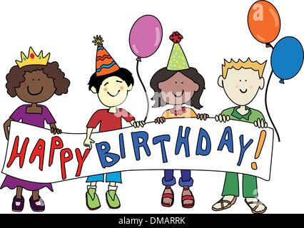 Les enfants multiculturels avec bannière Anniversaire Illustration de Vecteur