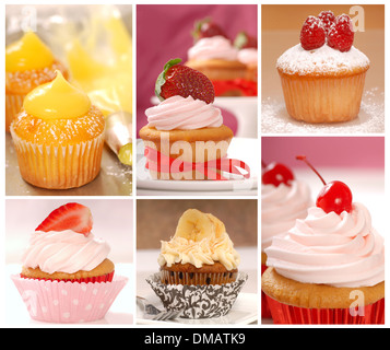 Un collage de petits gâteaux délicieux, y compris le citron, fraise, banane, Framboise et vanille Banque D'Images