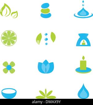 Zen bien-être et spa naturel d'icônes et d'éléments - vert et bleu Illustration de Vecteur
