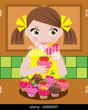 Petite fille en cuisine avec cupcakes Illustration de Vecteur