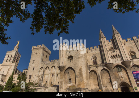 Le PALAIS DES PAPES, LA PLUS GRANDE CONSTRUCTION gothique du monde, le siège de la chrétienté occidentale dans le 14ème siècle, classée au patrimoine mondial de l'UNESCO, à côté de la CATHÉDRALE NOTRE DAME DES DOMS, VILLE D'AVIGNON, CITÉ DES PAPES, Vaucluse Banque D'Images