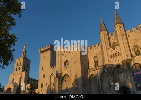 Le PALAIS DES PAPES, LA PLUS GRANDE CONSTRUCTION gothique du monde, le siège de la chrétienté occidentale dans le 14ème siècle, classée au patrimoine mondial de l'UNESCO, à côté de la CATHÉDRALE NOTRE DAME DES DOMS, VILLE D'AVIGNON, CITÉ DES PAPES, Vaucluse Banque D'Images