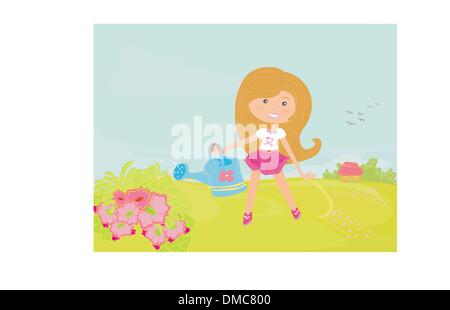 Petite fille d'arroser les fleurs dans le jardin familial à un jour d'été Illustration de Vecteur