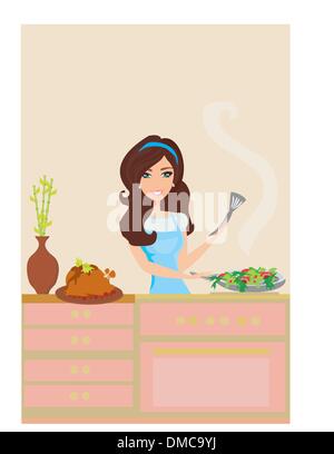 Belle femme friture en cuisine Illustration de Vecteur