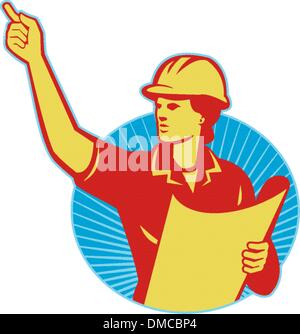 Travailleur de la Construction Ingénieur femme rétro de pointage Illustration de Vecteur