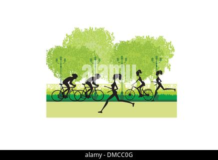 Silhouette de coureurs de marathon et course cycliste Illustration de Vecteur