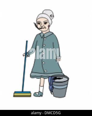 Personnage de femme de ménage avec un balai, illustration vectorielle, isol Illustration de Vecteur