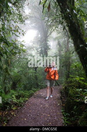 Randonneur dans la forêt de nuages de Monteverde Costa Rica. Banque D'Images