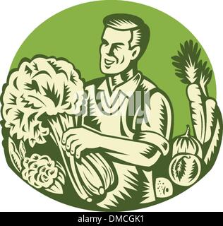 Agriculteur biologique Green Grocer rétro de légumes Illustration de Vecteur