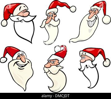 Funny santa claus cartoon visages icons set Illustration de Vecteur