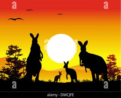 Silhouette de la famille kangourou avec arrière-plan du paysage Illustration de Vecteur