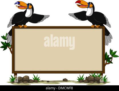 Toucan couple sitting on blank sign Illustration de Vecteur