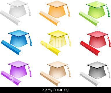 Ensemble d'illustration en couleur et diplôme Graduation Hat Illustration de Vecteur