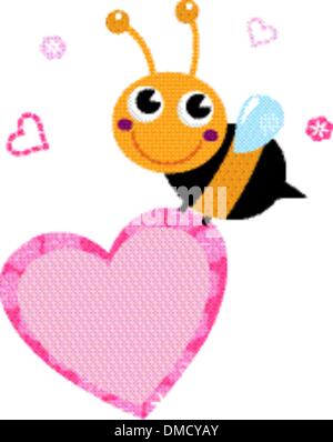 Cute flying Bee holding coeur rose isolated on white Illustration de Vecteur