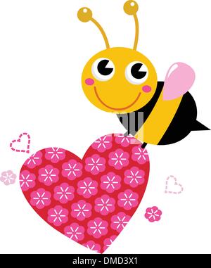 Cute bee en vol avec amour rose coeur isolé sur fond blanc Illustration de Vecteur