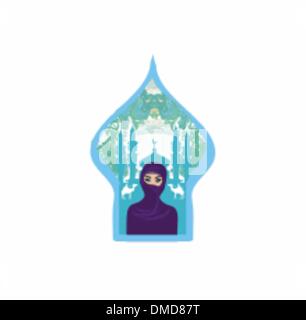 Portrait d'une femme arabe en hijab avec silhouette de désert. Illustration de Vecteur