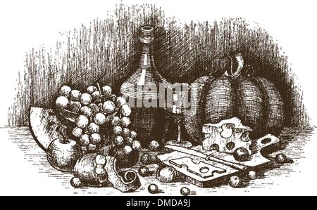 Nature morte avec des fruits, du fromage, et du vin à la main dessin Illustration de Vecteur