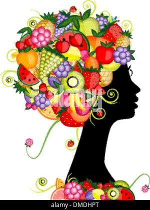 Profil femme silhouette, hairstyle avec des fruits pour votre conception Illustration de Vecteur