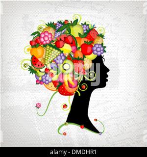 Profil femme silhouette, hairstyle avec des fruits pour votre conception Illustration de Vecteur