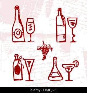 Ensemble de bouteilles d'alcool et sur wineglasses grunge background Illustration de Vecteur