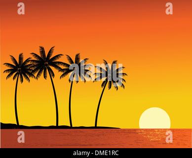 La silhouette des arbres et le coucher du soleil dans l'île tropicale Illustration de Vecteur