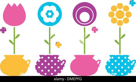 Les fleurs de printemps dans Mignon pots à fleurs isolated on white Illustration de Vecteur