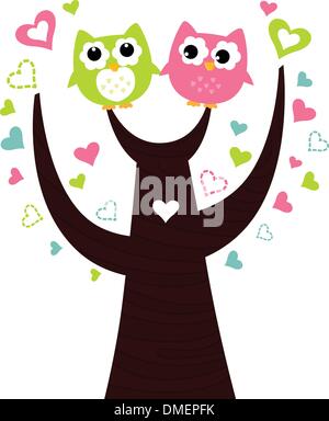 Deux hiboux mignon assis sur l'arbre de l'amour isolated on white Illustration de Vecteur