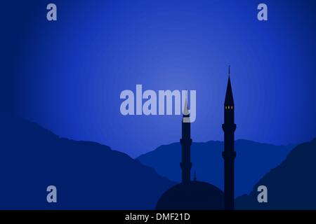 Vector illustration de nuit avec silhouette de la mosquée arabe Illustration de Vecteur
