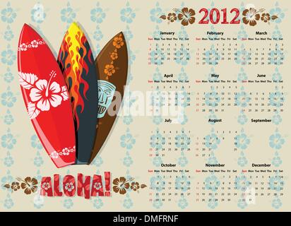 Aloha vecteur calendrier 2012 avec des planches de surf Illustration de Vecteur