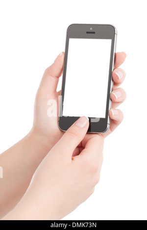 Les mains tenant moderne noir smart phone avec écran blanc et appuyant sur le bouton avec le pouce. Isolé sur fond blanc. Banque D'Images