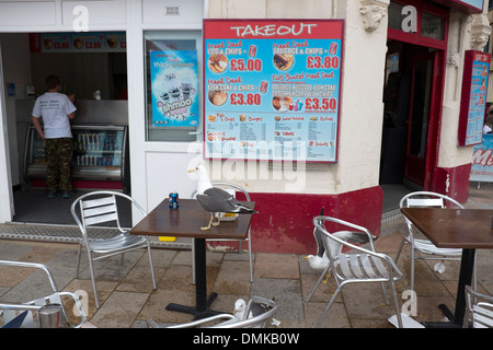 Les mouettes voler de la nourriture de table de café en plein air Banque D'Images