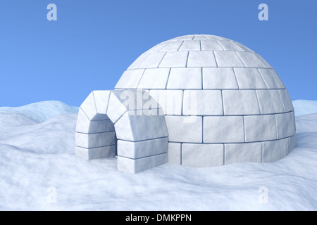 Glacière Igloo sur la neige blanche sous ciel bleu illustration tridimensionnelle Banque D'Images