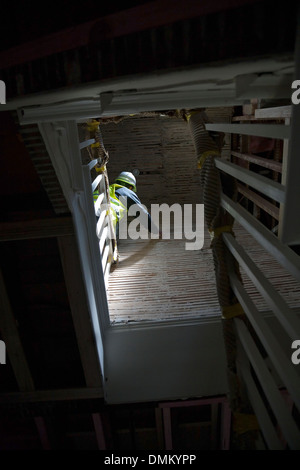 Un homme d'inspecter la latte exposés dans une ancienne maison victorienne en bois durant un tremblement de réparations, Christchurch, Nouvelle-Zélande Banque D'Images