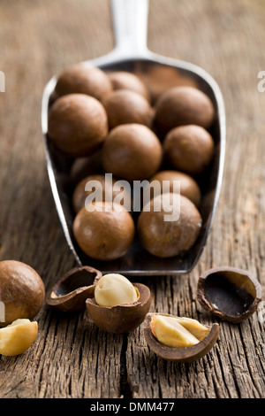 Macadamia sur scoop sur table en bois Banque D'Images