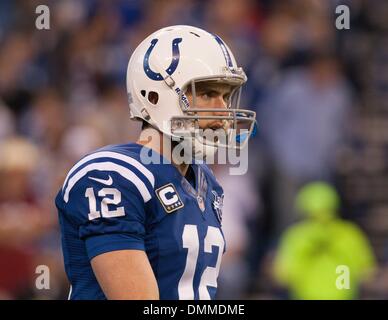 Indianapolis, IN, USA. Le 15 décembre, 2013. Indianapolis Colts quarterback Andrew Luck (12) au cours de la NFL match entre les Houston Texans et les Indianapolis Colts au Lucas Oil Stadium à Indianapolis, IN. Les Indianapolis Colts défait les Texans de Houston 25-3. Credit : csm/Alamy Live News Banque D'Images