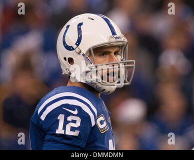 Indianapolis, IN, USA. Le 15 décembre, 2013. Indianapolis Colts quarterback Andrew Luck (12) au cours de la NFL match entre les Houston Texans et les Indianapolis Colts au Lucas Oil Stadium à Indianapolis, IN. Les Indianapolis Colts défait les Texans de Houston 25-3. Credit : csm/Alamy Live News Banque D'Images