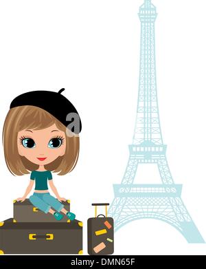 Jolie fille est assise sur une valise contre la tour d'Eiffel. Illustration de Vecteur