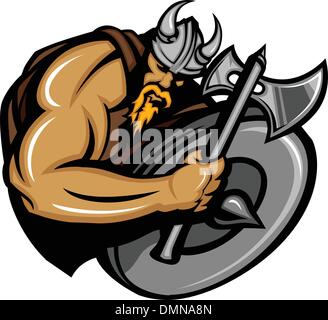 Norseman Viking Mascot Cartoon avec bouclier et hache Illustration de Vecteur