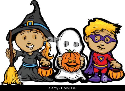Cute Halloween Kids Dans Trick or Treat Costumes Cartoon Vector Il Illustration de Vecteur