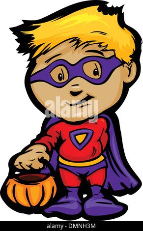 Halloween Cute Boy en costume de Super Héros Cartoon Vector Illustra Illustration de Vecteur