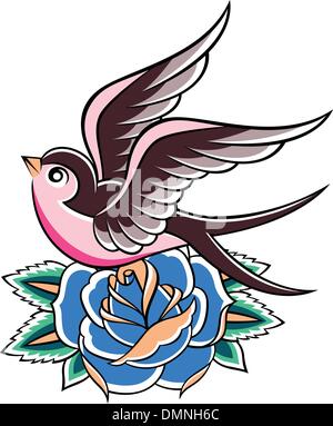 Swallow bird rose tattoo Illustration de Vecteur