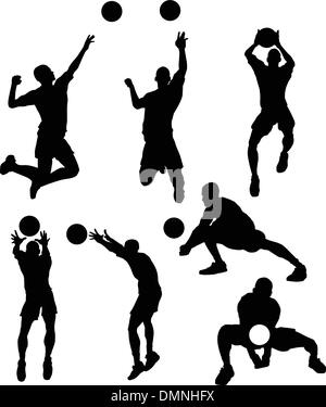 Volley-ball homme silhouettes en pose d'athlétisme Illustration de Vecteur