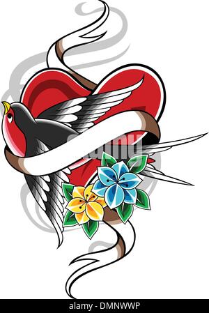 Coeur fleur d'oiseau emblème de tatouage Illustration de Vecteur